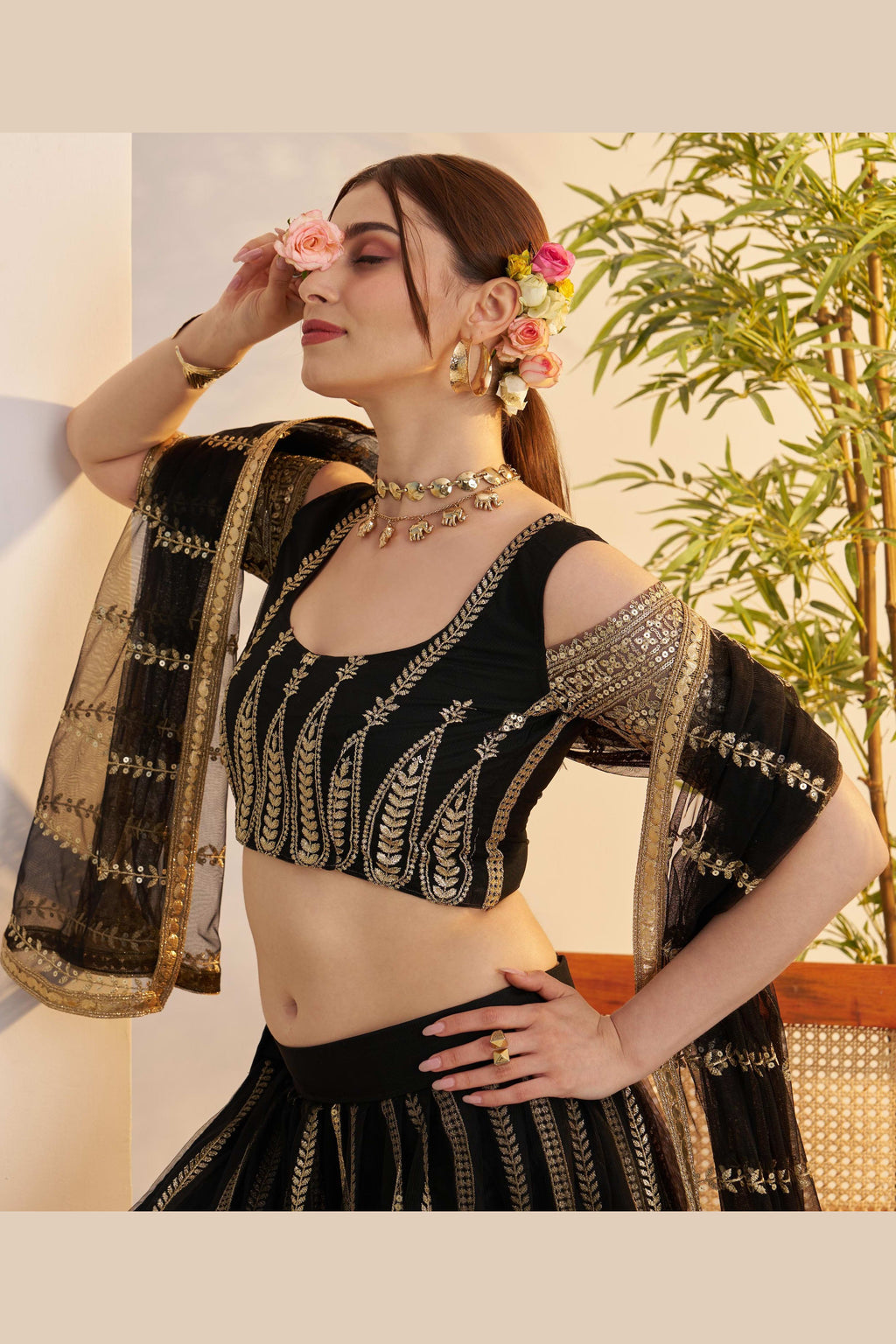 Black Net Lehenga Choli For Indian & Pakistani Wedding Festival - Sequins & Thread Embroidery Work, Zari Work