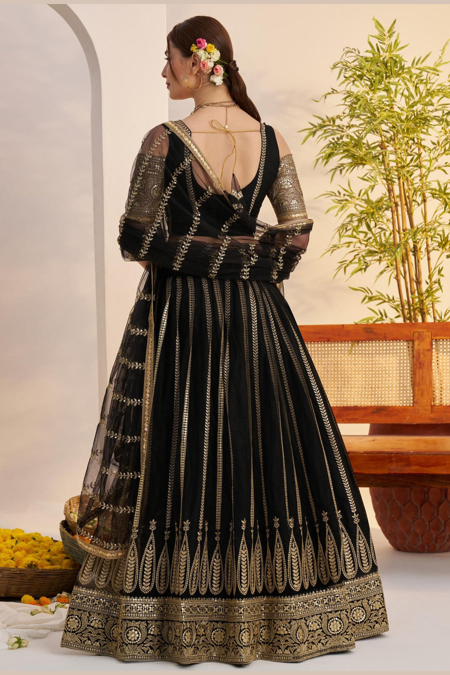 Black Net Lehenga Choli For Indian & Pakistani Wedding Festival - Sequins & Thread Embroidery Work, Zari Work