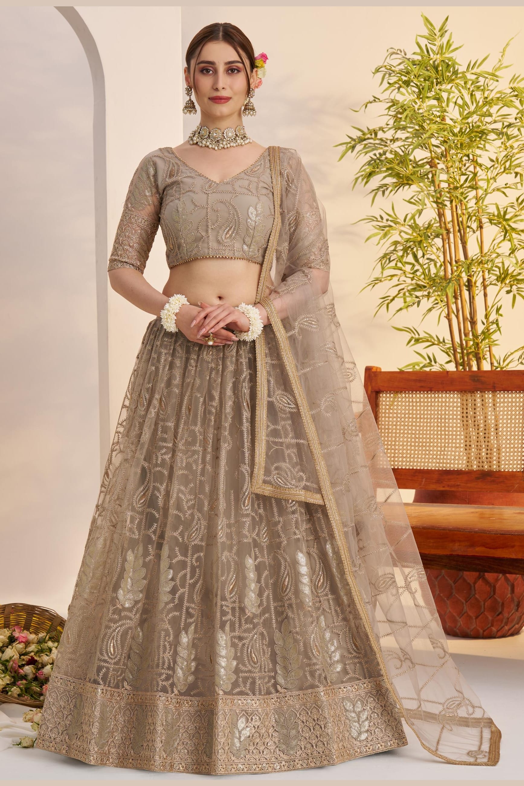 Beige Net Lehenga Choli For Indian & Pakistani Wedding Festival - Sequins & Thread Embroidery Work