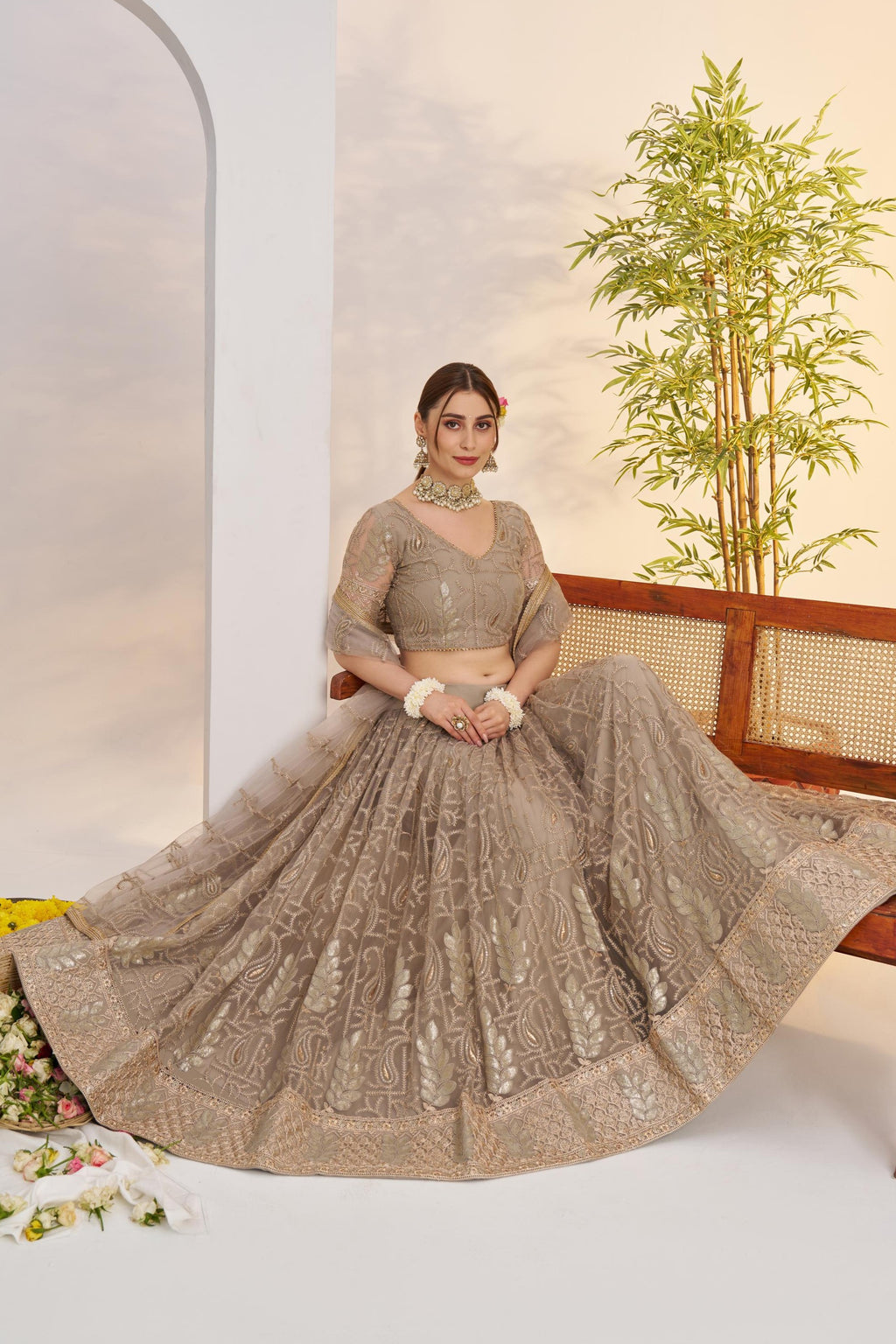 Beige Net Lehenga Choli For Indian & Pakistani Wedding Festival - Sequins & Thread Embroidery Work