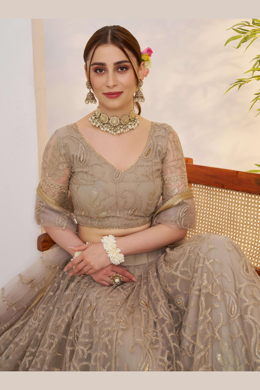 Beige Net Lehenga Choli For Indian & Pakistani Wedding Festival - Sequins & Thread Embroidery Work