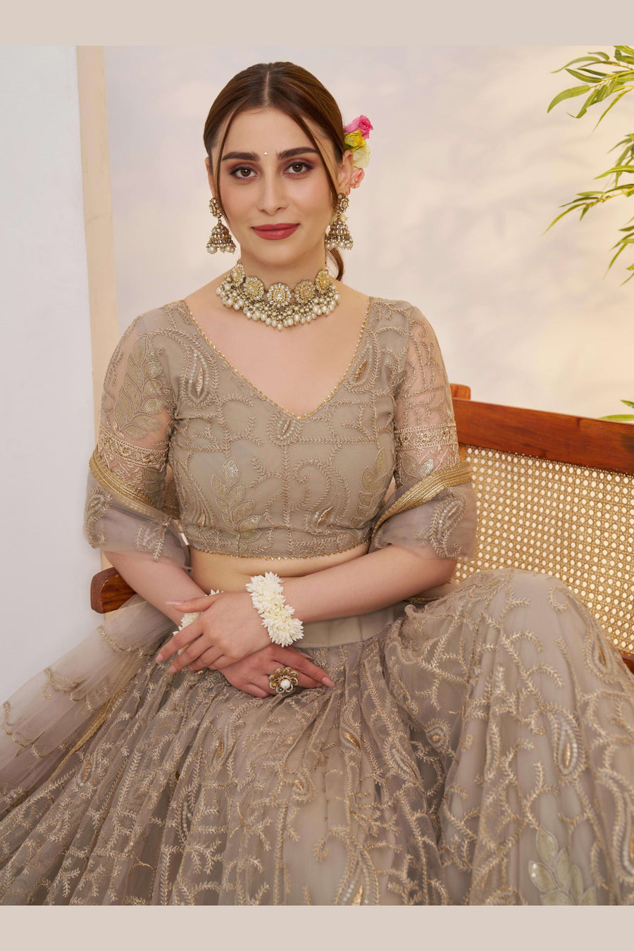 Beige Net Lehenga Choli For Indian & Pakistani Wedding Festival - Sequins & Thread Embroidery Work