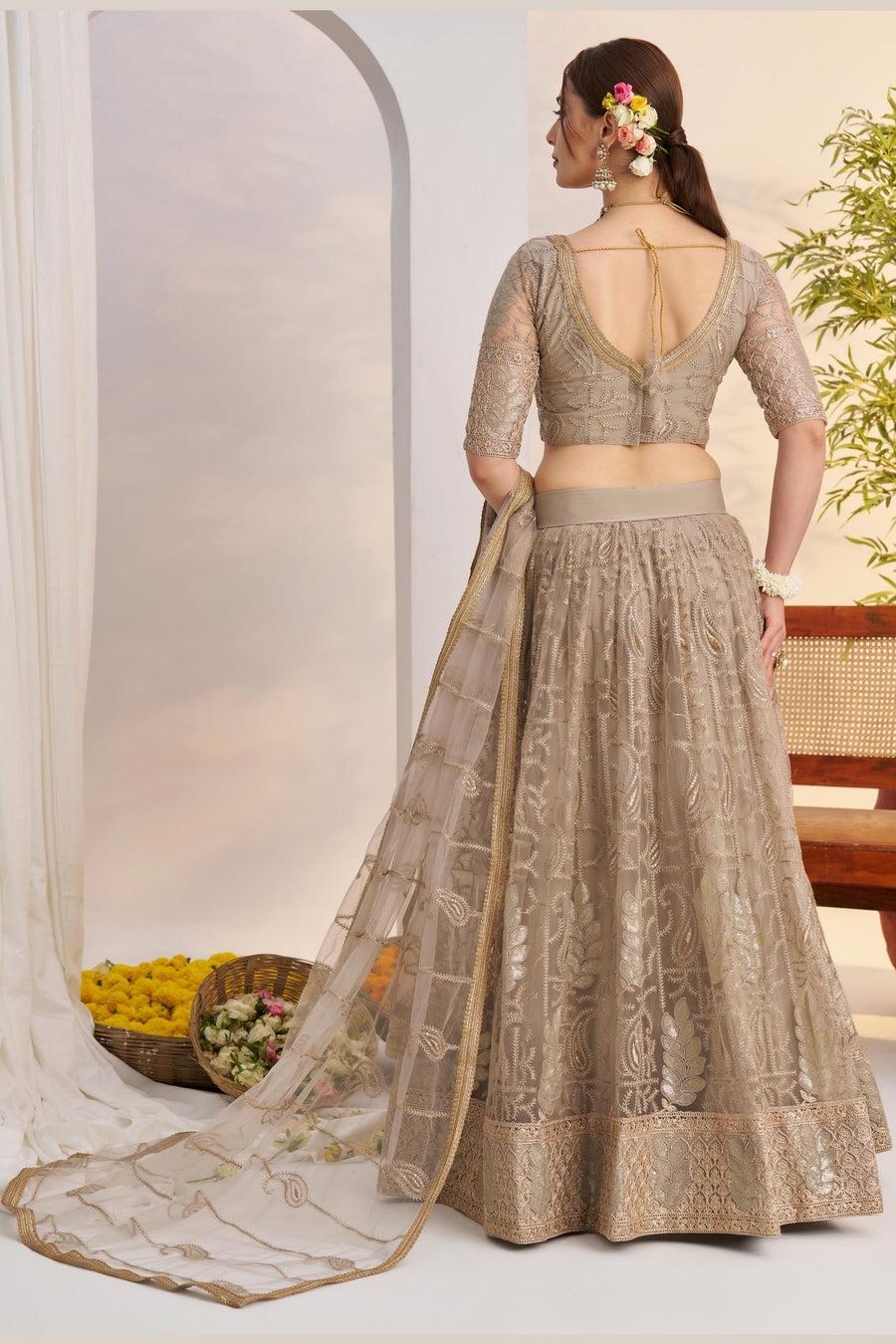 Beige Net Lehenga Choli For Indian & Pakistani Wedding Festival - Sequins & Thread Embroidery Work