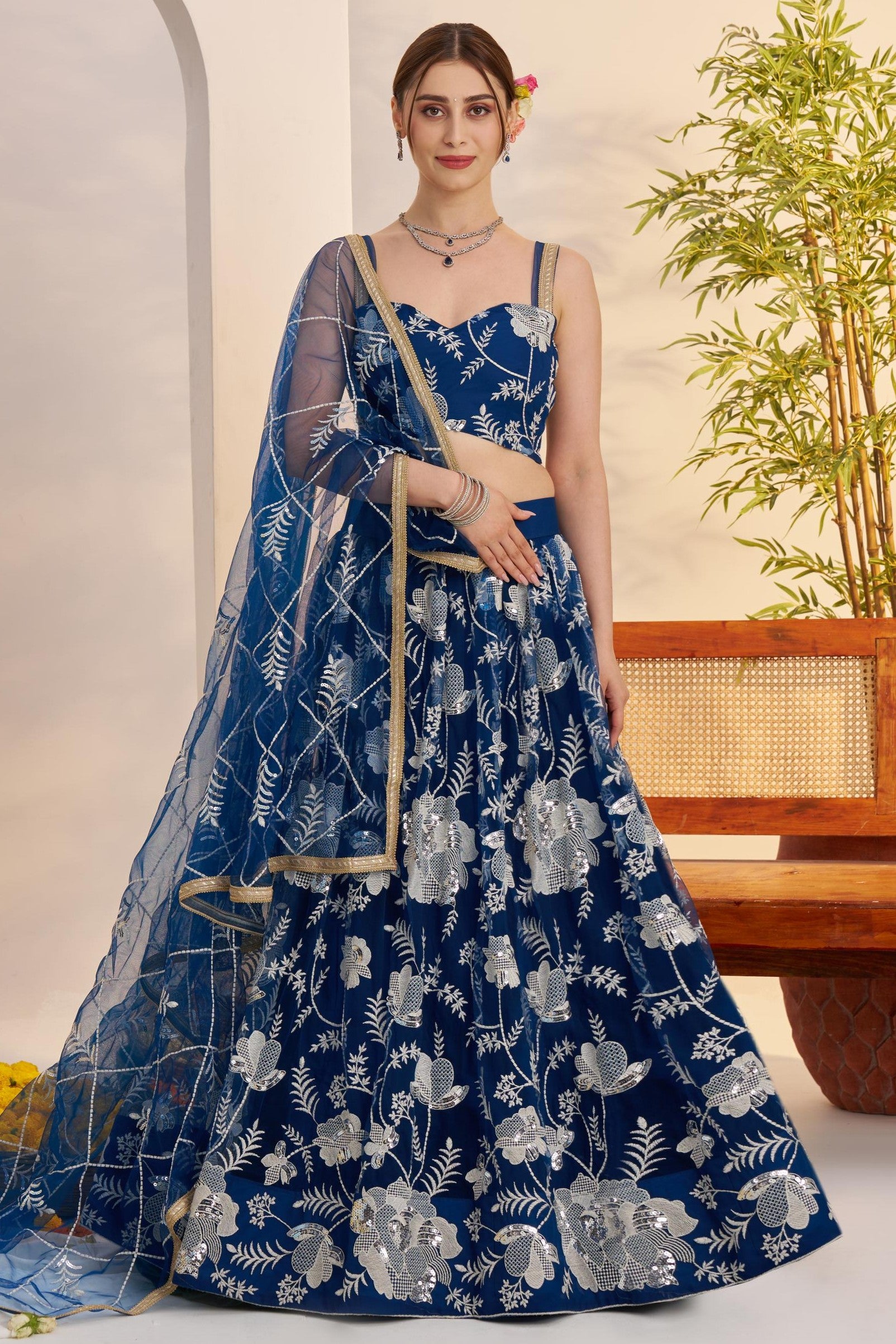 Blue Net Party Lehenga Choli For Indian & Pakistani Wedding Festival - Sequins & Thread Embroidery Work