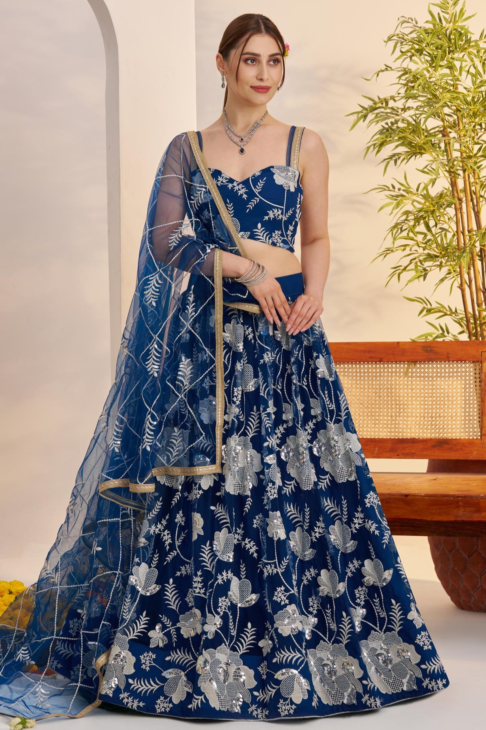 Blue Net Party Lehenga Choli For Indian & Pakistani Wedding Festival - Sequins & Thread Embroidery Work