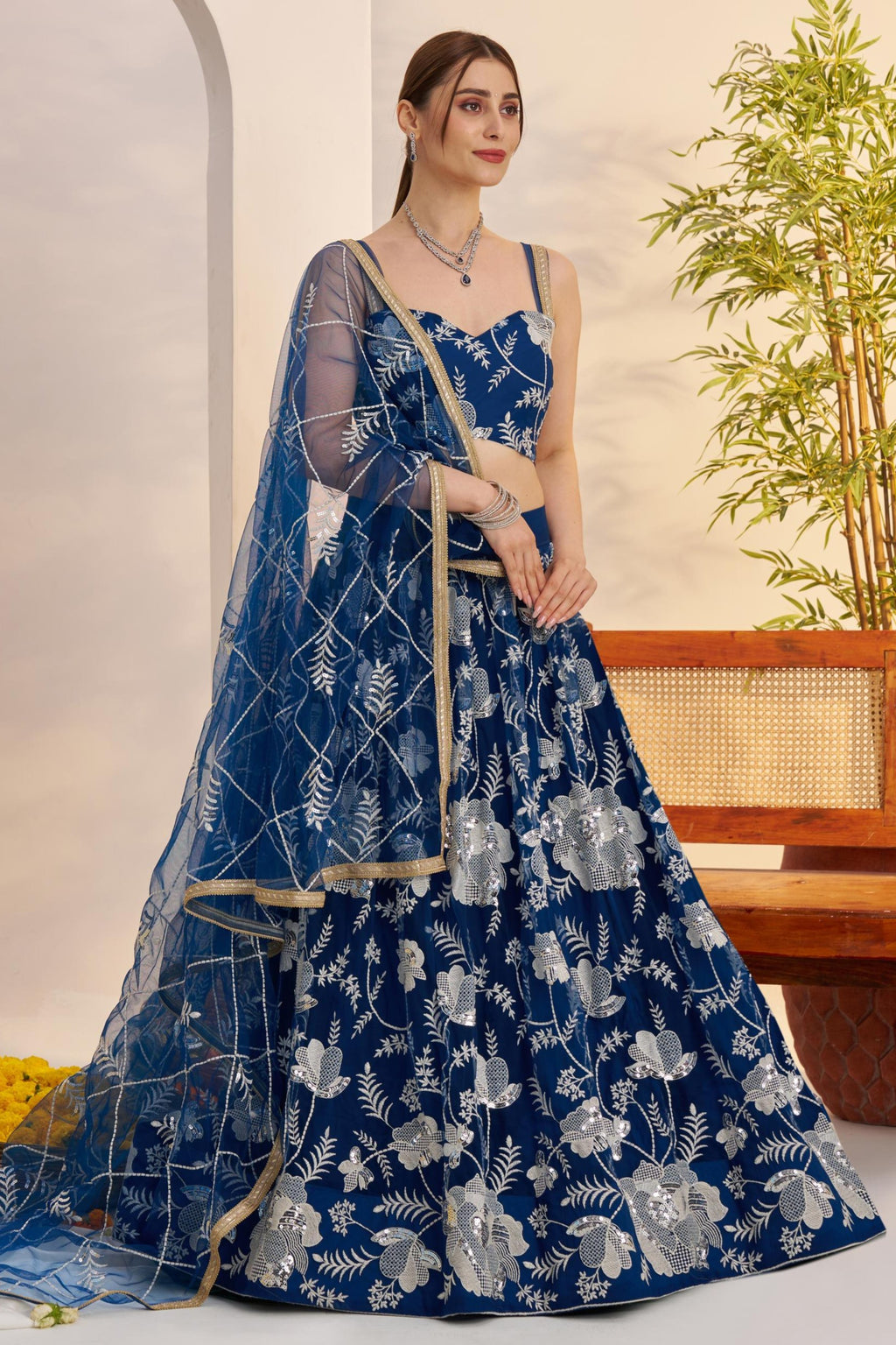 Blue Net Party Lehenga Choli For Indian & Pakistani Wedding Festival - Sequins & Thread Embroidery Work