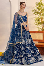 Blue Net Party Lehenga Choli For Indian & Pakistani Wedding Festival - Sequins & Thread Embroidery Work