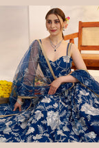 Blue Net Party Lehenga Choli For Indian & Pakistani Wedding Festival - Sequins & Thread Embroidery Work