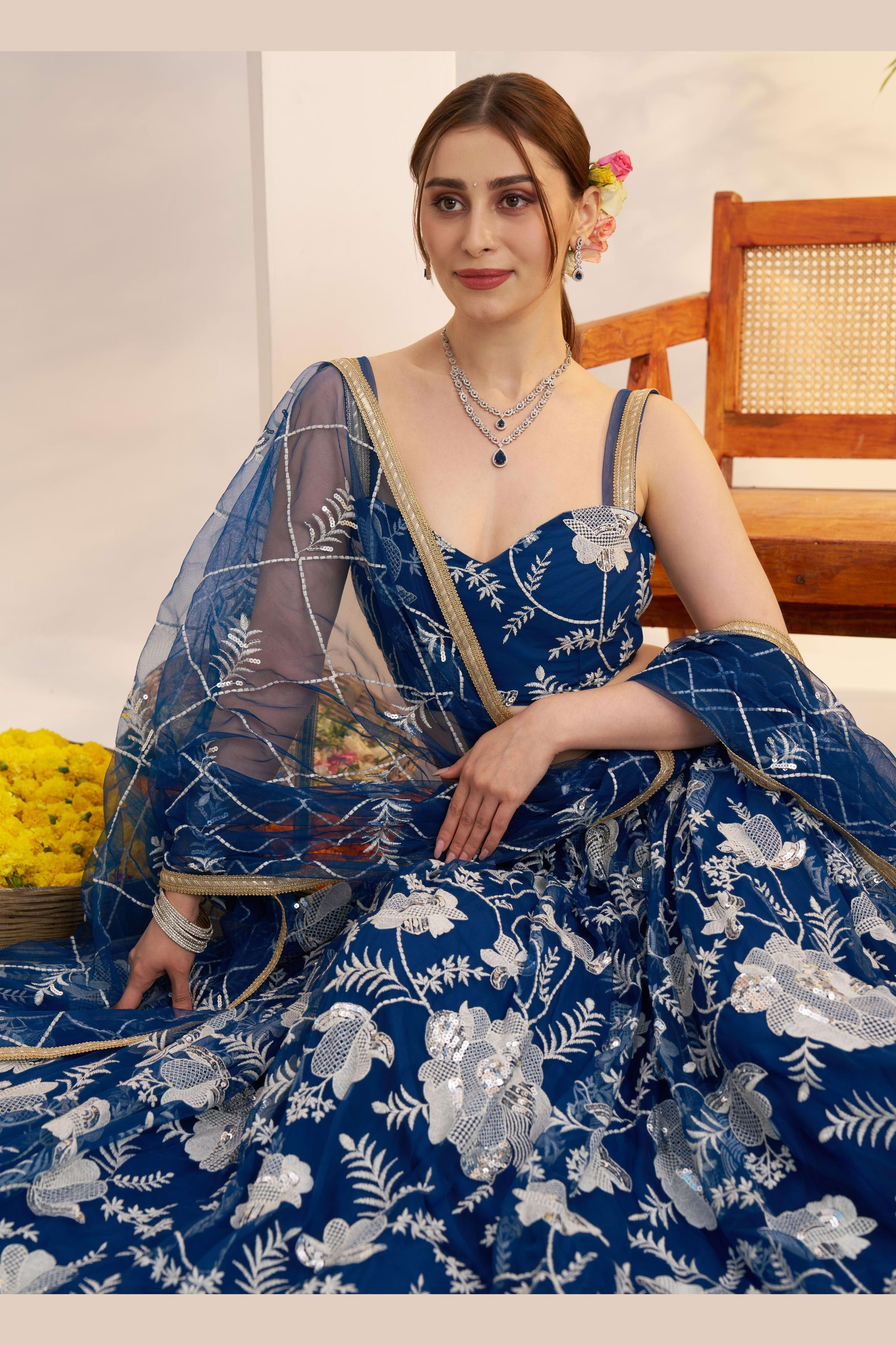 Blue Net Party Lehenga Choli For Indian & Pakistani Wedding Festival - Sequins & Thread Embroidery Work