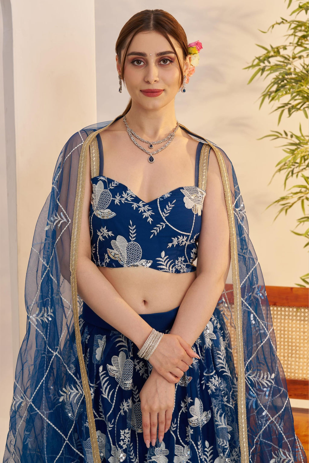 Blue Net Party Lehenga Choli For Indian & Pakistani Wedding Festival - Sequins & Thread Embroidery Work