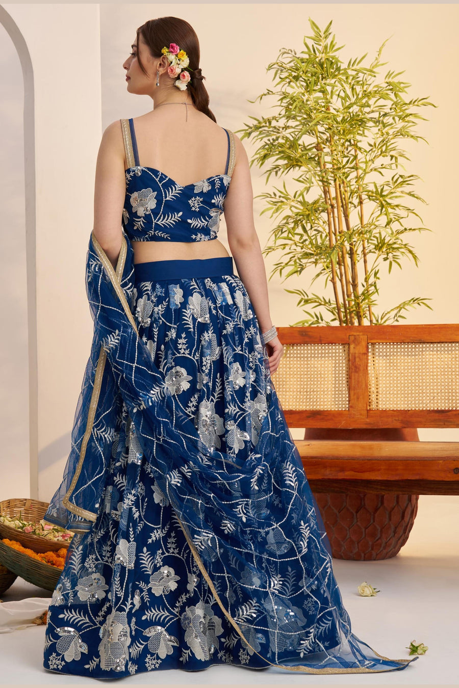 Blue Net Party Lehenga Choli For Indian & Pakistani Wedding Festival - Sequins & Thread Embroidery Work