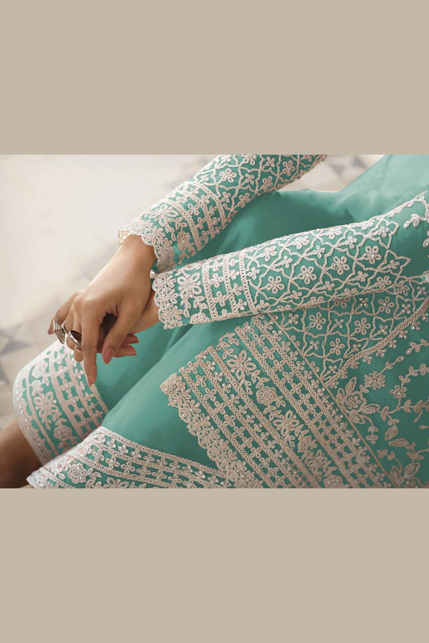 Cyan Net & Cording Work Salwar Kameez Plazzo Suit For Indian Wedding & Festival - Embroidery Work, Cording Work