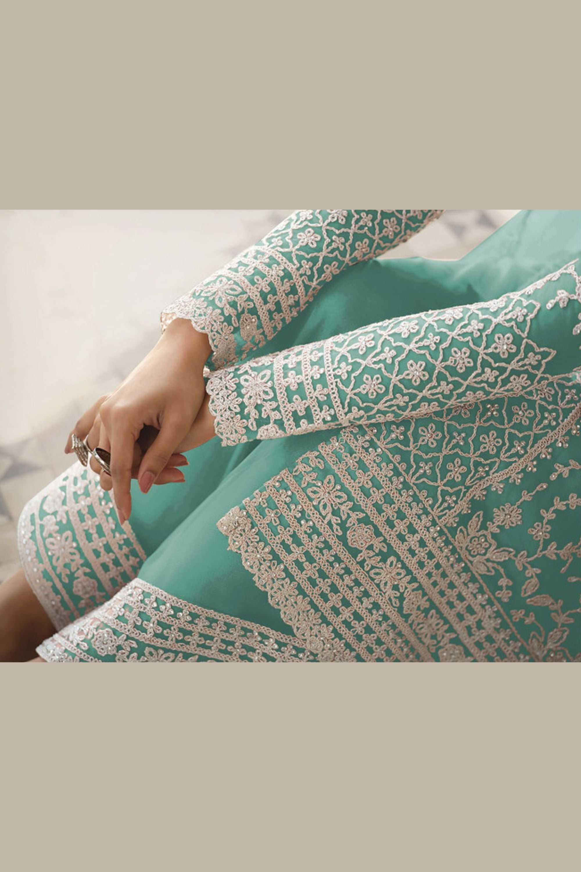 Cyan Net & Cording Work Salwar Kameez Plazzo Suit For Indian Wedding & Festival - Embroidery Work, Cording Work