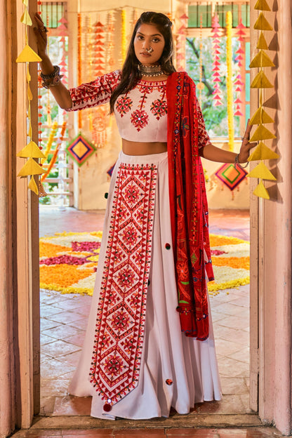 White Indian Cotton Chaniya Choli For Navratri Garba Festivals 8 Meter Flair - Thread Embroidery Work, Mirror Work, Print Work, Aari Work