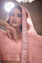 Peach Net Lehenga Choli For Indian Festival & Weddings - Thread Embroidery Work, Sequence Embroidery Work