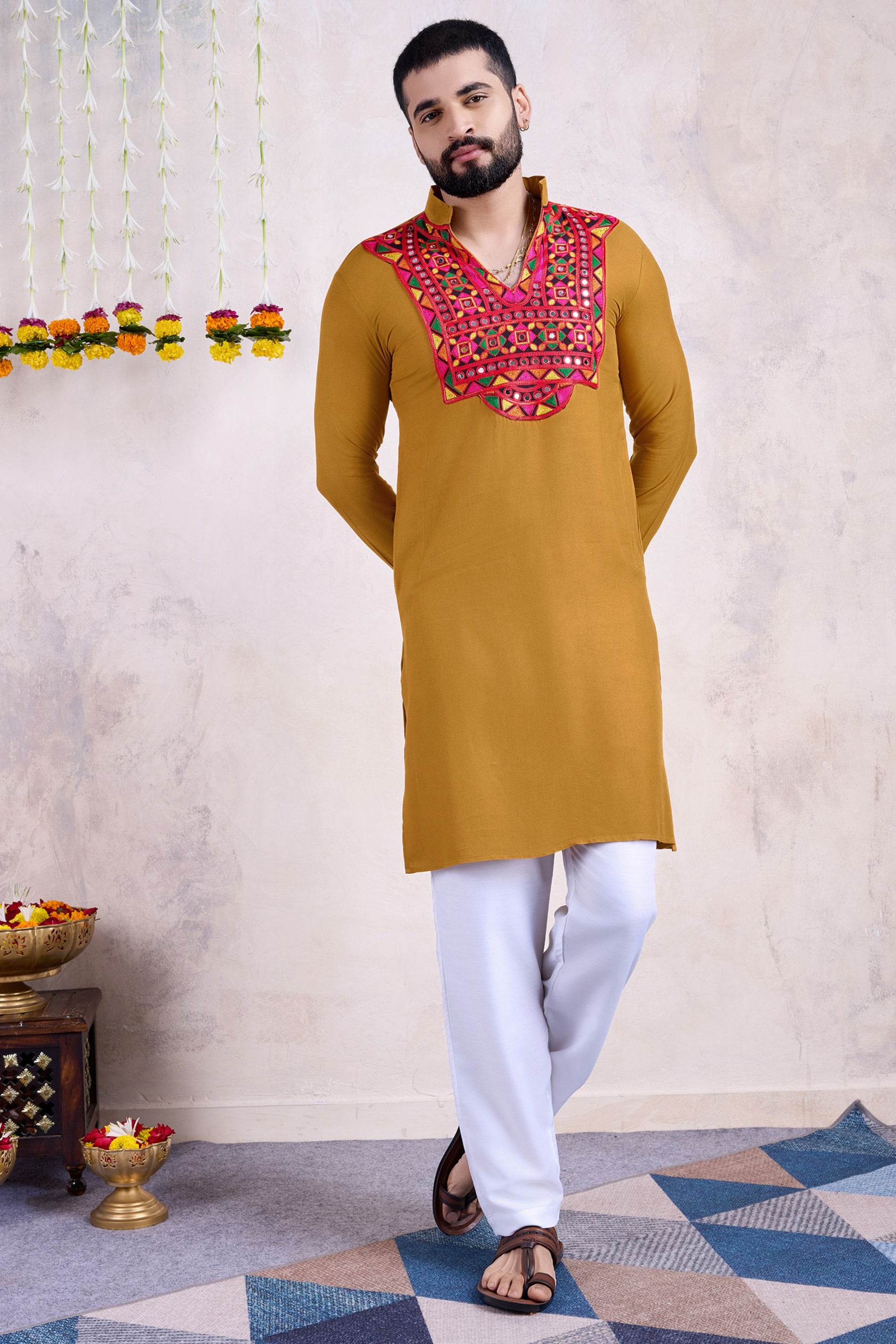 Yellow Rayon Kurta Pyjama for Men For Navratri Garba Festivals - Embroidery Work, Real Mirror Work