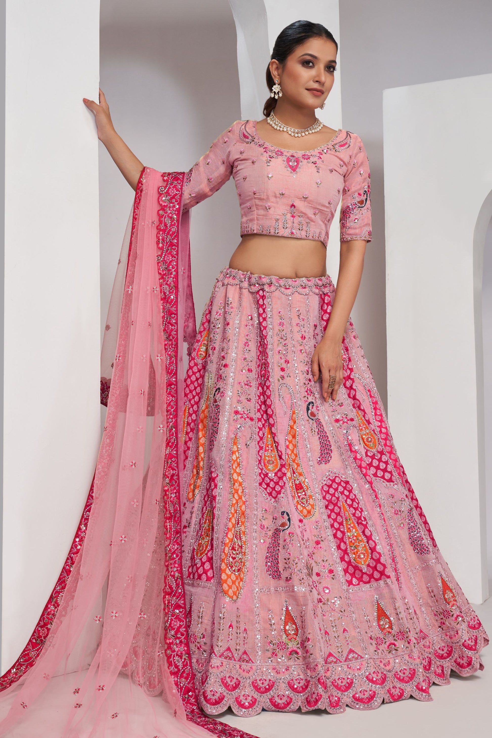 Pink Zari Silk Lehenga Choli For Indian Festivals & Weddings - Sequins Work, Patch Work, Zarkan Work, Thread Work