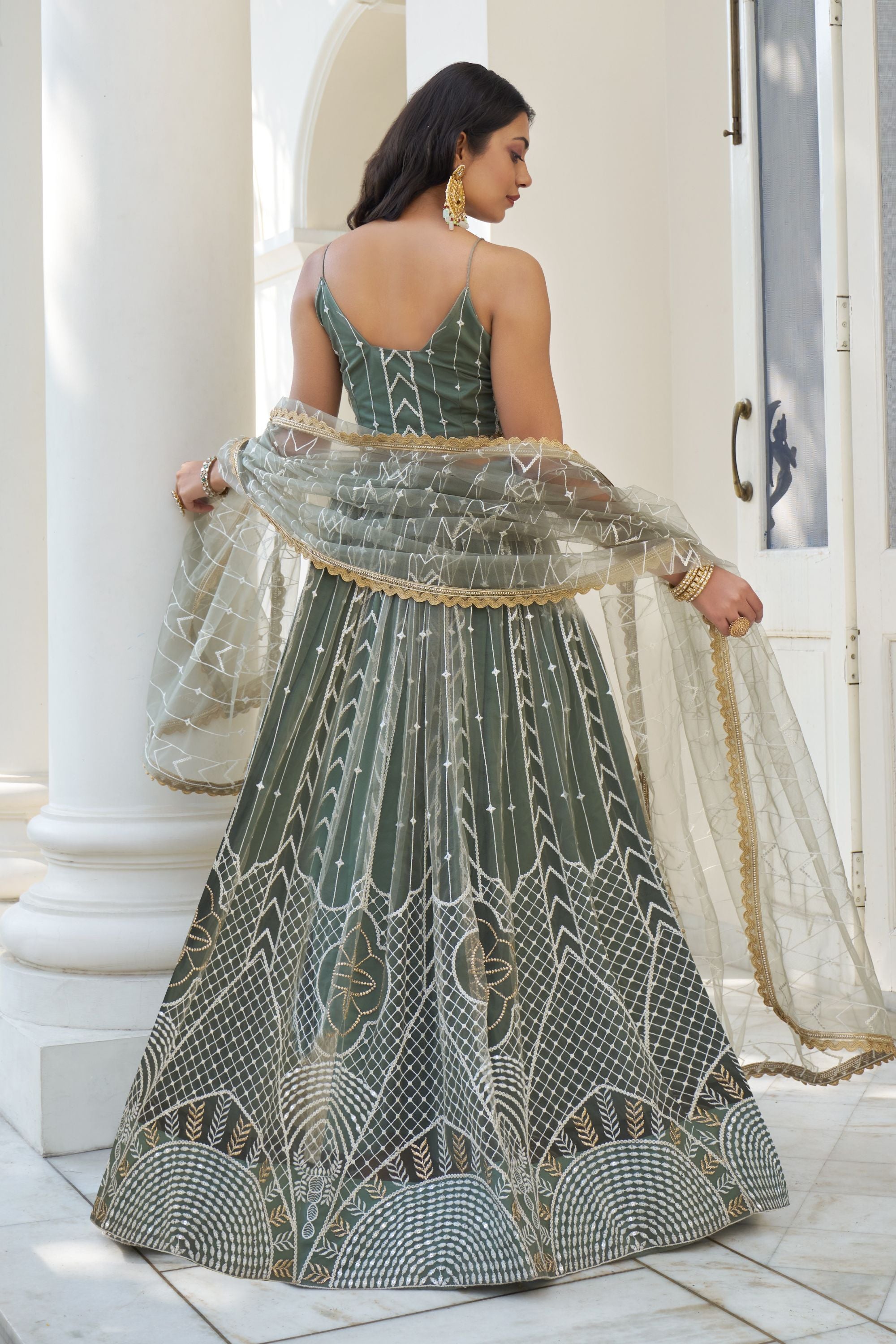 Dusty Green Net Embroidered Lehenga Choli For Indian Festival & Weddings - Thread Embroidery Work, Sequence Embroidery Work
