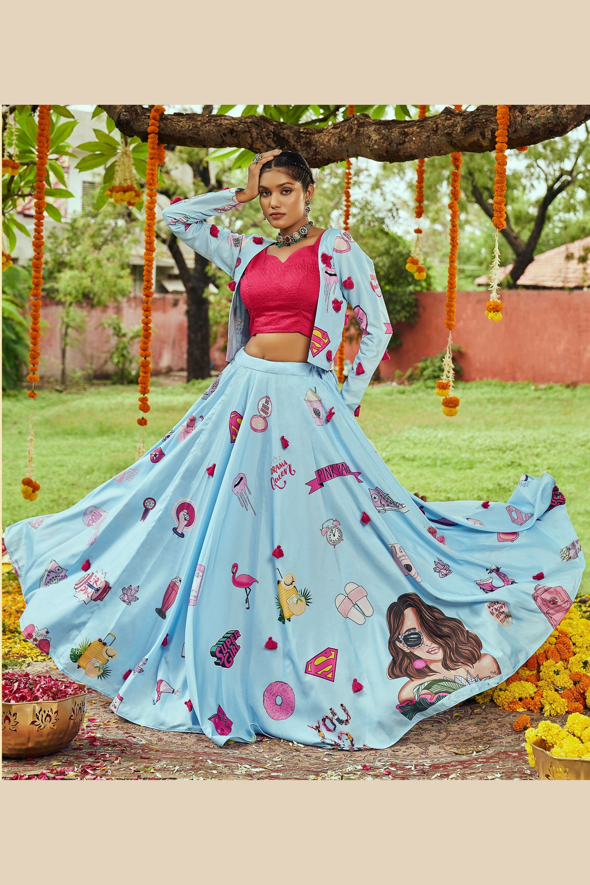 Sky Blue Cotton Chaniya Choli For Navratri Garba Festivals 8 Meter Flair - Print Work