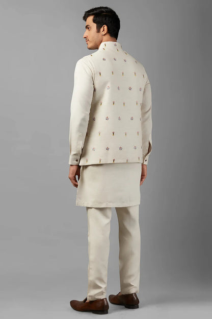 Off White Linen Men's Wedding Suit Kurta with Waistcoat and Pant - Embroidery Work