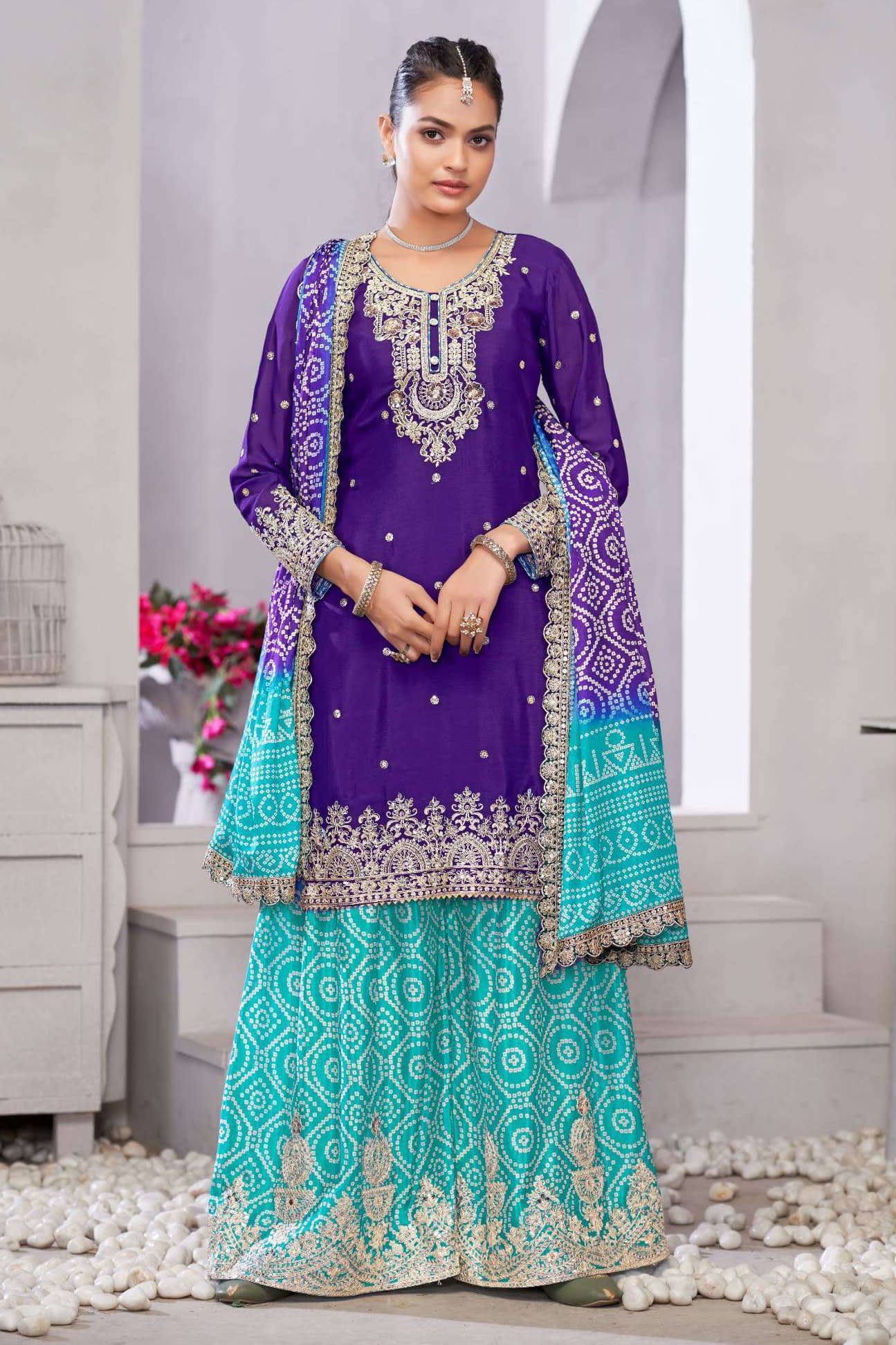 Blue Chinon Silk Bandhani Printed Plazo Suit For Indian & Pakistani Wedding Festival - Embroidery Work, Real Mirror Work, Print Work