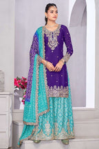 Blue Chinon Silk Bandhani Printed Plazo Suit For Indian & Pakistani Wedding Festival - Embroidery Work, Real Mirror Work, Print Work