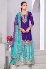 Blue Chinon Silk Bandhani Printed Plazo Suit For Indian & Pakistani Wedding Festival - Embroidery Work, Real Mirror Work, Print Work