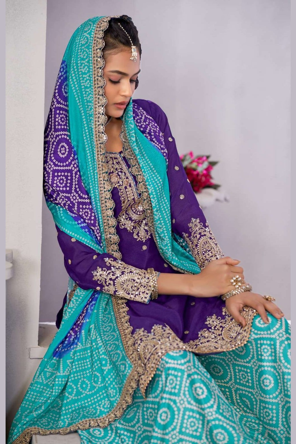 Blue Chinon Silk Bandhani Printed Plazo Suit For Indian & Pakistani Wedding Festival - Embroidery Work, Real Mirror Work, Print Work