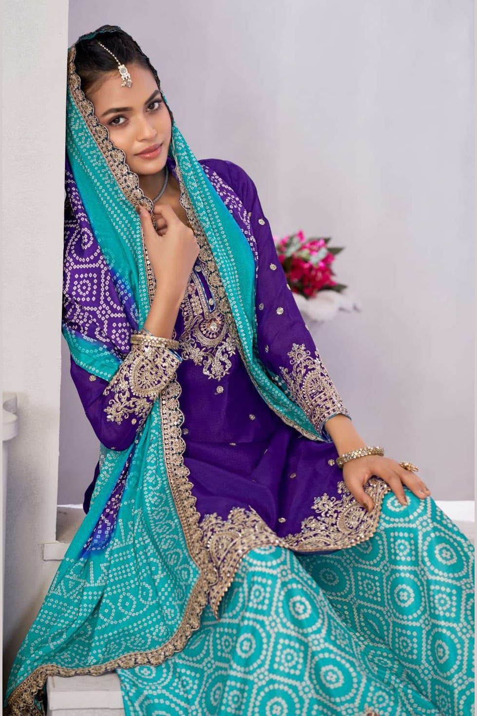 Blue Chinon Silk Bandhani Printed Plazo Suit For Indian & Pakistani Wedding Festival - Embroidery Work, Real Mirror Work, Print Work