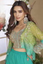 Teal Chinon Silk Palazzo Choli With Jacket For Indian & Pakistani Wedding Festival - Thread & Sequins Embroidery Work, Print Work