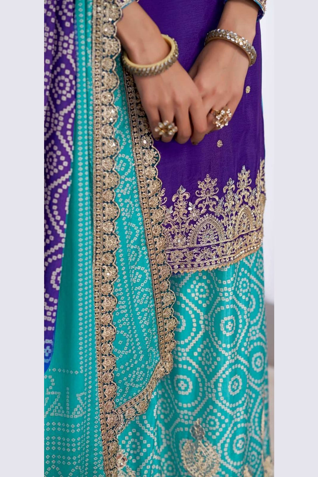 Blue Chinon Silk Bandhani Printed Plazo Suit For Indian & Pakistani Wedding Festival - Embroidery Work, Real Mirror Work, Print Work