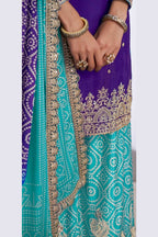 Blue Chinon Silk Bandhani Printed Plazo Suit For Indian & Pakistani Wedding Festival - Embroidery Work, Real Mirror Work, Print Work