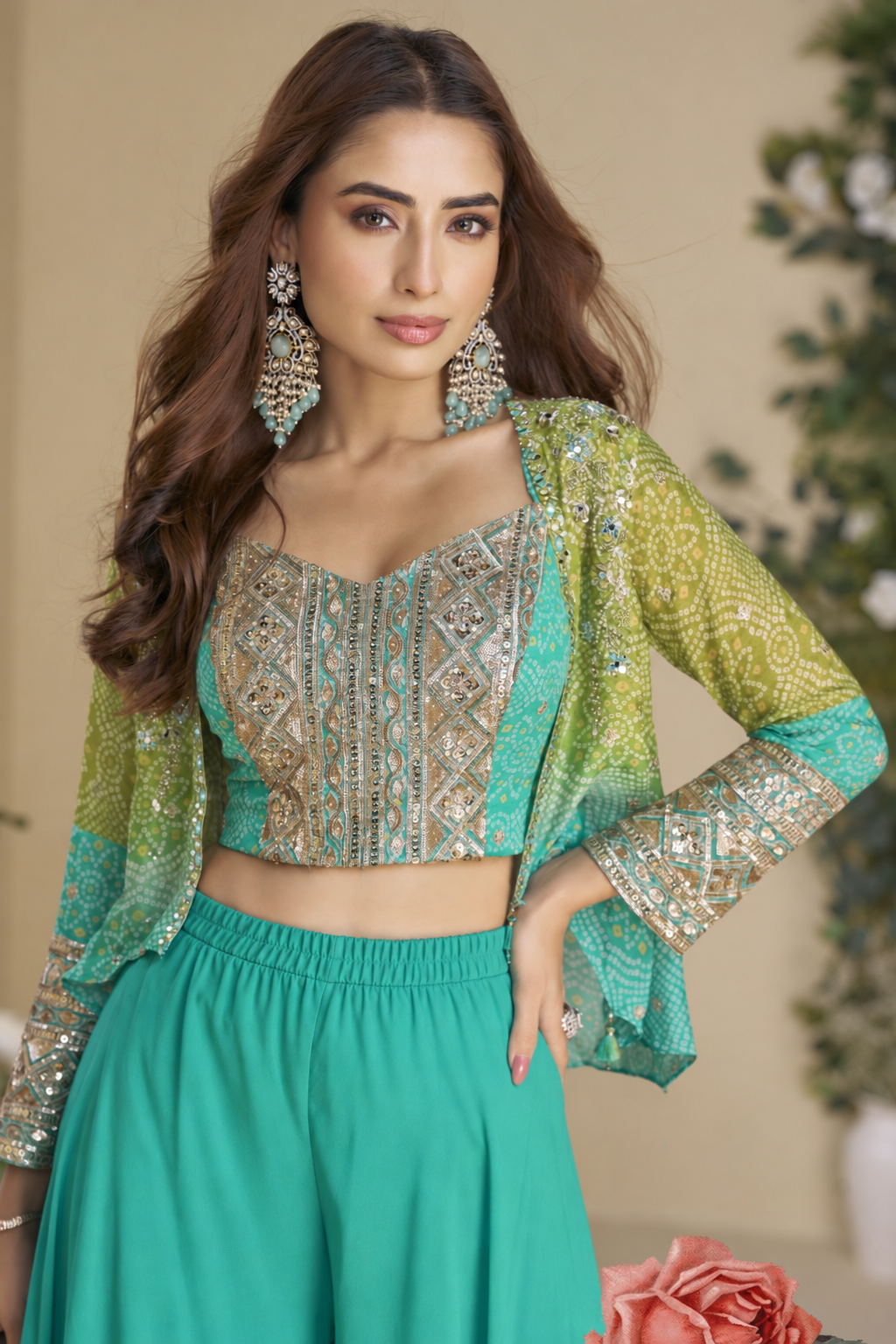 Teal Chinon Silk Palazzo Choli With Jacket For Indian & Pakistani Wedding Festival - Thread & Sequins Embroidery Work, Print Work