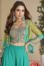 Teal Chinon Silk Palazzo Choli With Jacket For Indian & Pakistani Wedding Festival - Thread & Sequins Embroidery Work, Print Work