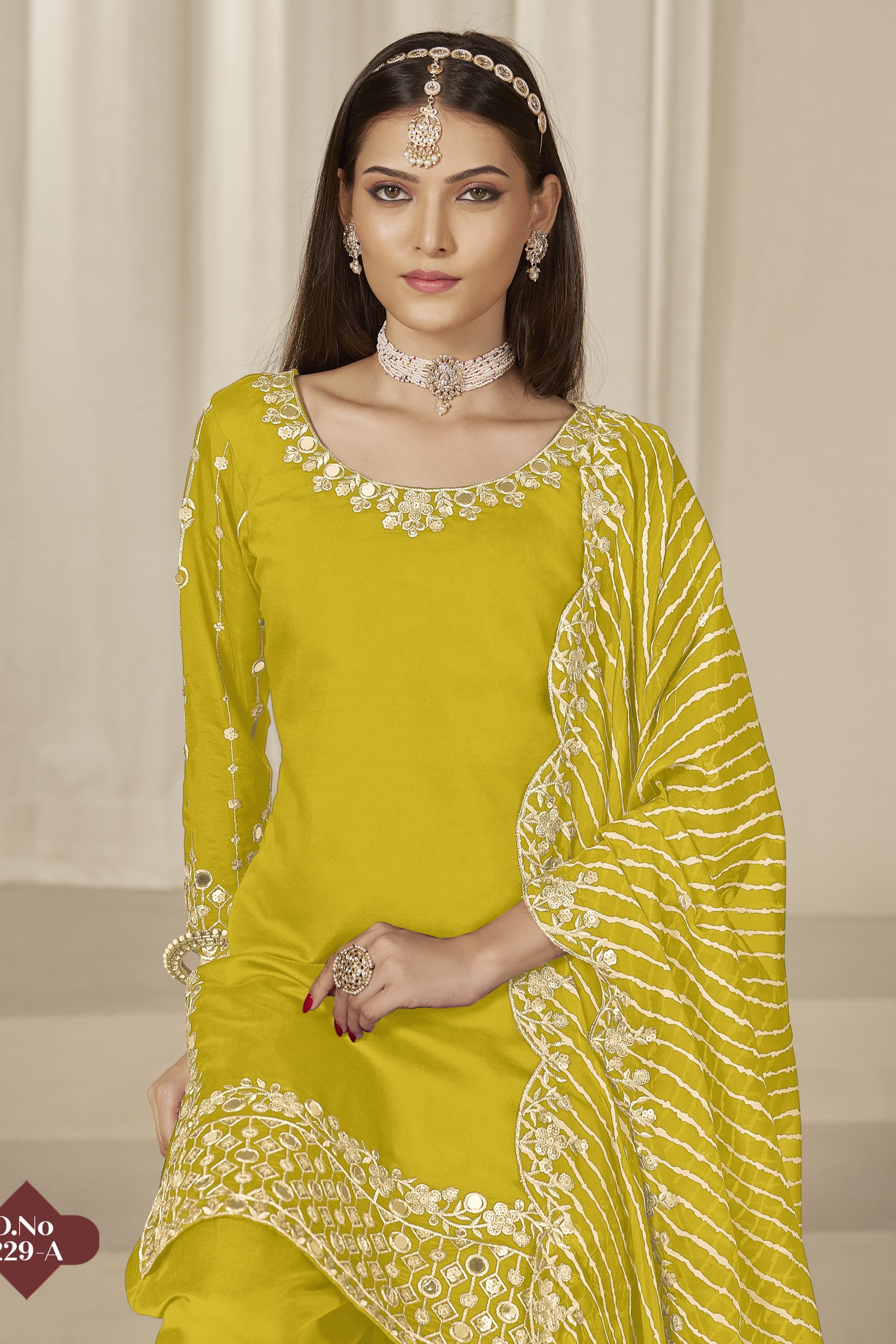 Yellow Roman Silk Kameez With Patiyala Suit For Indian & Pakistani Wedding Festival - Thread & Sequence Embroidery Work, Real Mirror Work