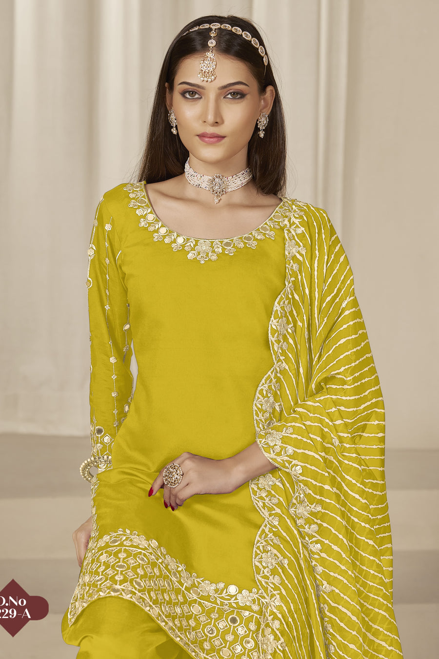 Yellow Roman Silk Kameez With Patiyala Suit For Indian & Pakistani Wedding Festival - Thread & Sequence Embroidery Work, Real Mirror Work