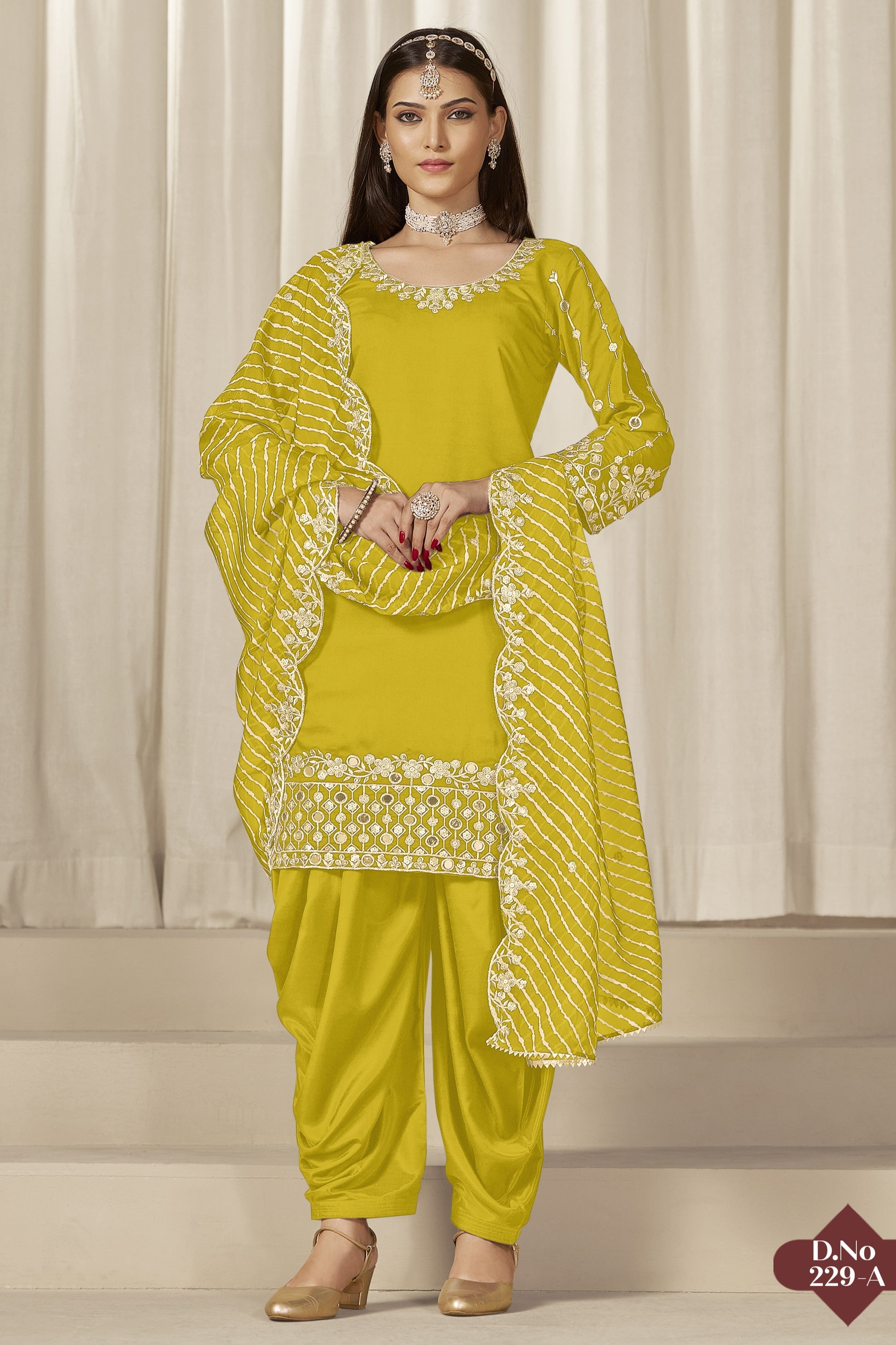 Yellow Roman Silk Kameez With Patiyala Suit For Indian & Pakistani Wedding Festival - Thread & Sequence Embroidery Work, Real Mirror Work