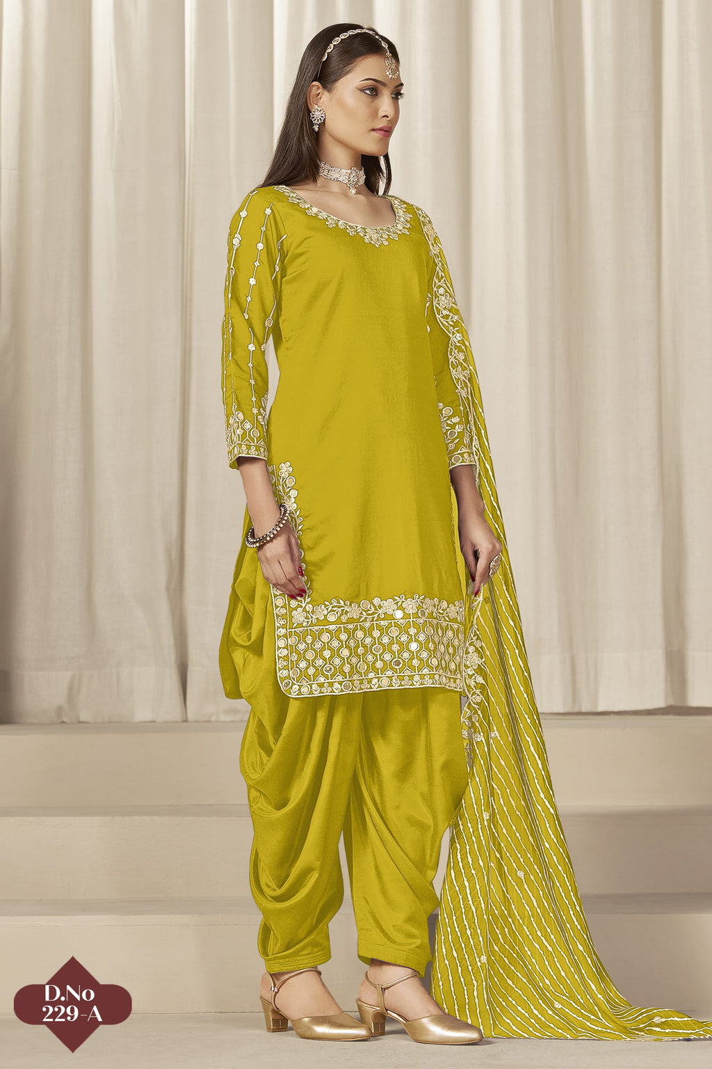 Yellow Roman Silk Kameez With Patiyala Suit For Indian & Pakistani Wedding Festival - Thread & Sequence Embroidery Work, Real Mirror Work