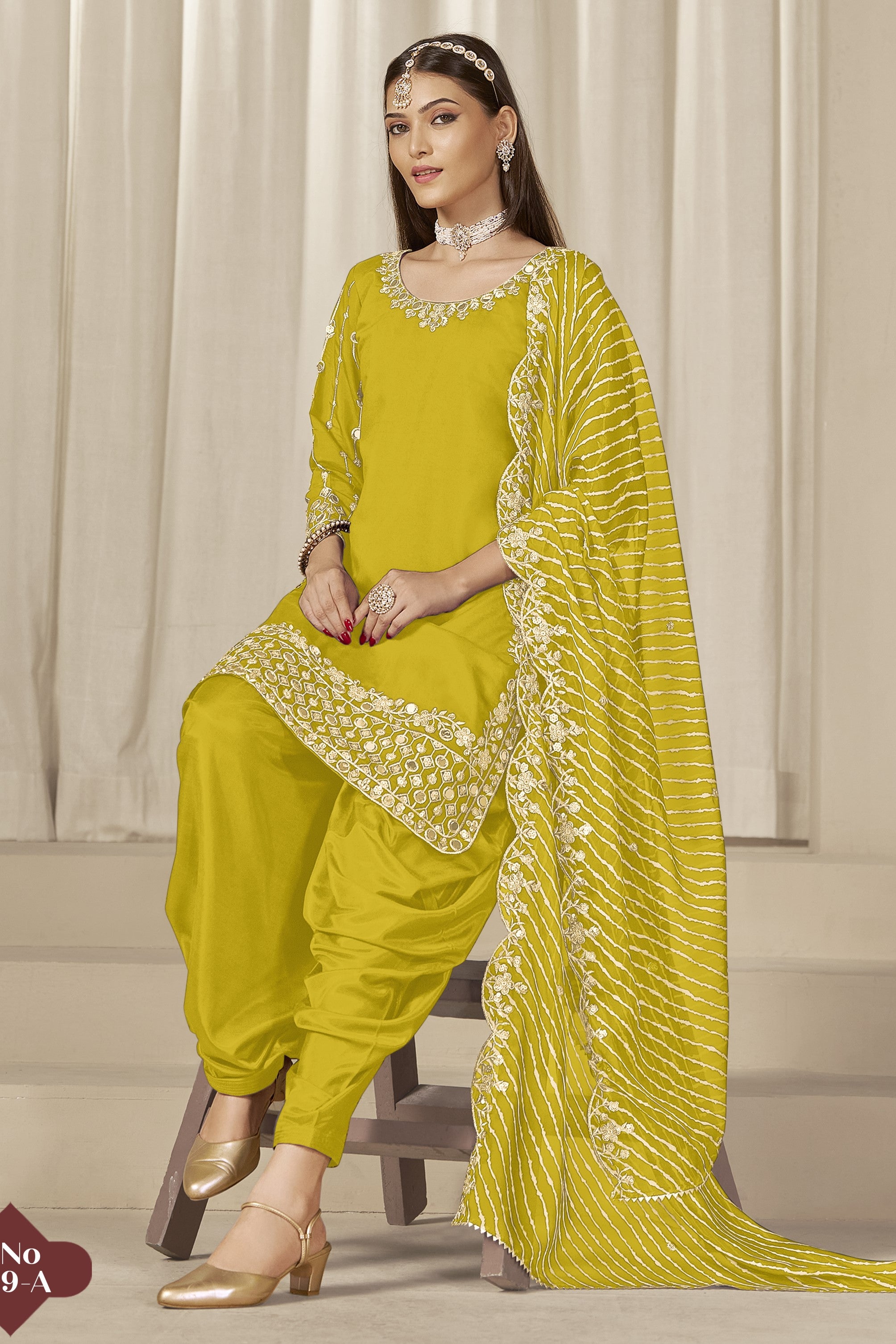 Yellow Roman Silk Kameez With Patiyala Suit For Indian & Pakistani Wedding Festival - Thread & Sequence Embroidery Work, Real Mirror Work