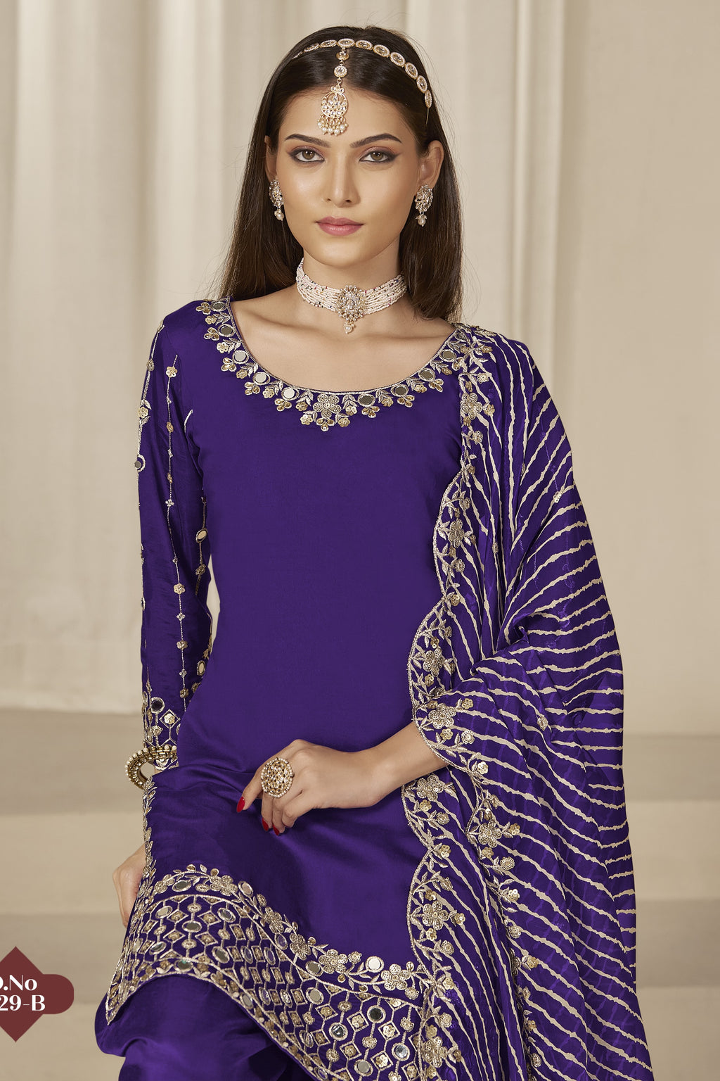 Purple Roman Silk Kameez With Patiyala Suit For Indian & Pakistani Wedding Festival - Thread & Sequence Embroidery Work, Real Mirror Work