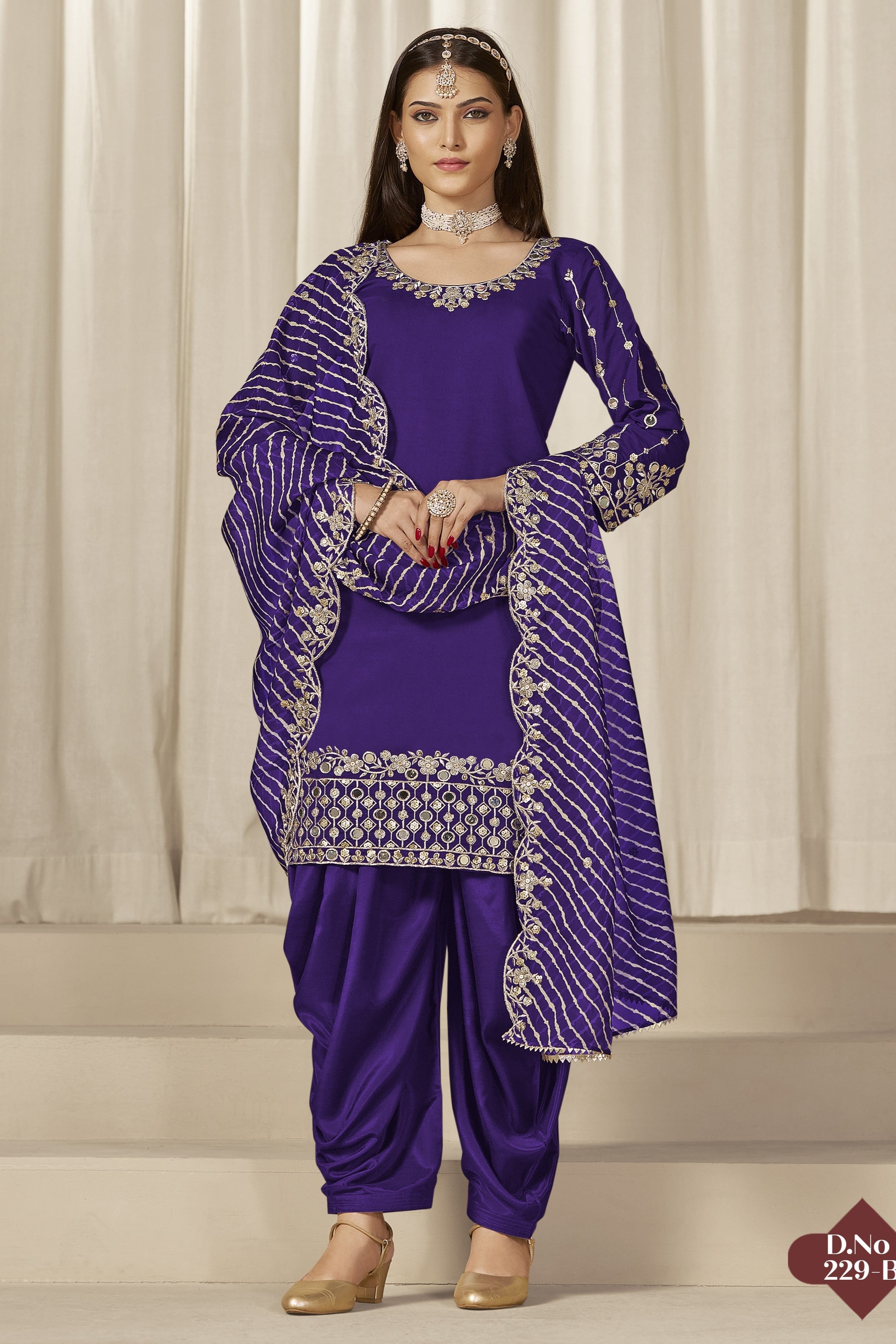Purple Roman Silk Kameez With Patiyala Suit For Indian & Pakistani Wedding Festival - Thread & Sequence Embroidery Work, Real Mirror Work