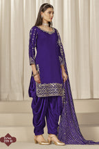 Purple Roman Silk Kameez With Patiyala Suit For Indian & Pakistani Wedding Festival - Thread & Sequence Embroidery Work, Real Mirror Work