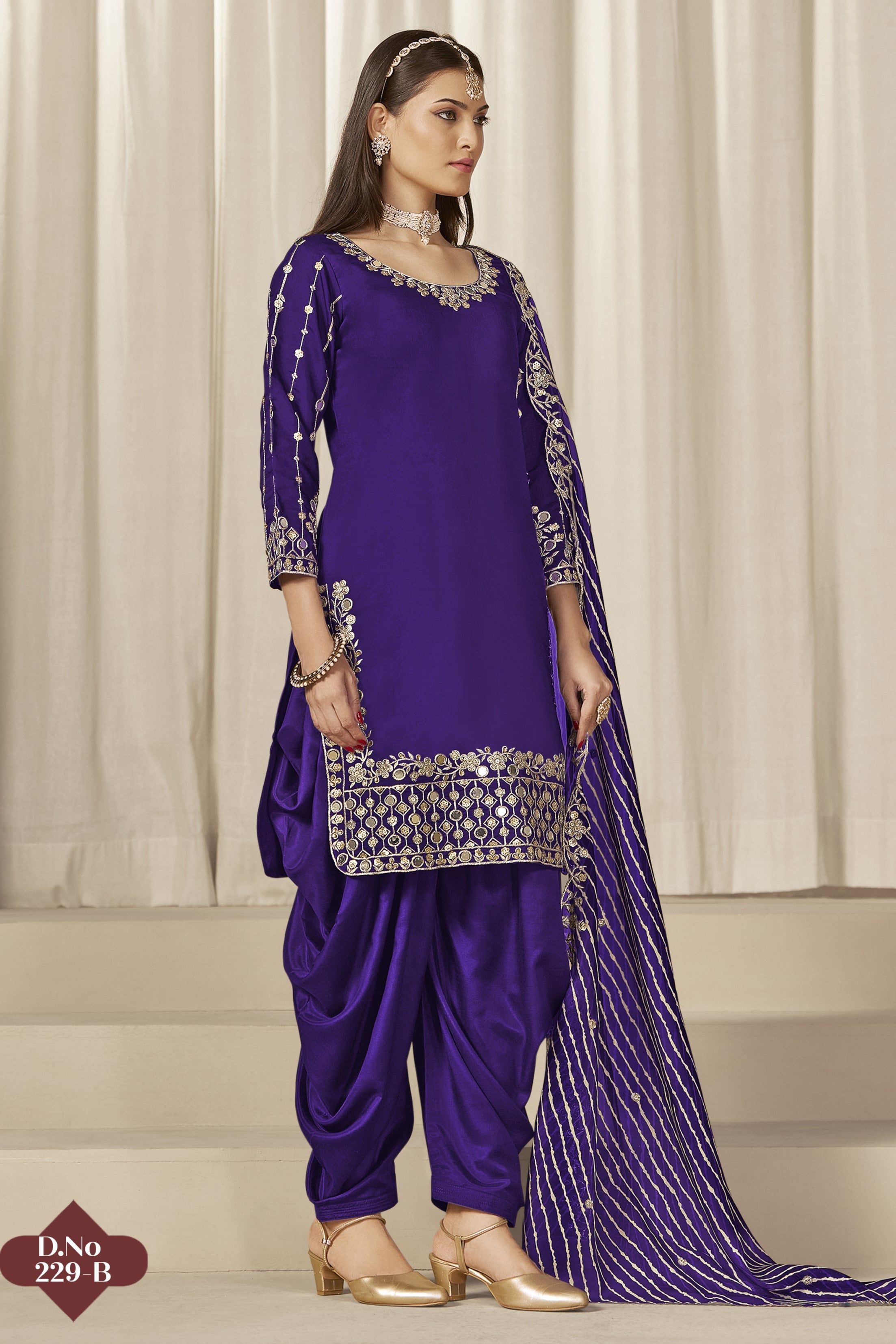 Purple Roman Silk Kameez With Patiyala Suit For Indian & Pakistani Wedding Festival - Thread & Sequence Embroidery Work, Real Mirror Work