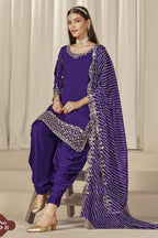 Purple Roman Silk Kameez With Patiyala Suit For Indian & Pakistani Wedding Festival - Thread & Sequence Embroidery Work, Real Mirror Work