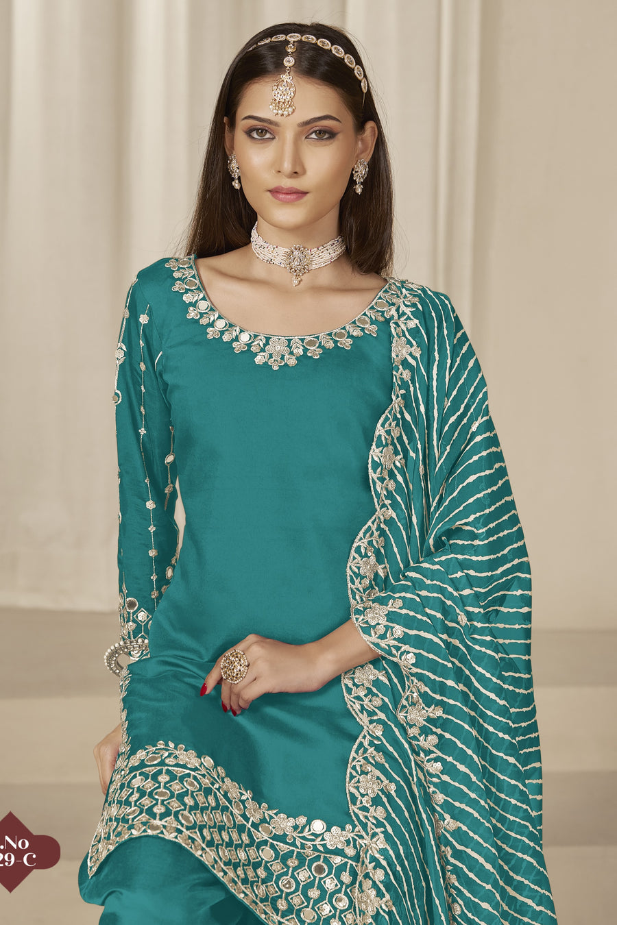 Teal Roman Silk Kameez With Patiyala Suit For Indian & Pakistani Wedding Festival - Thread & Sequence Embroidery Work, Real Mirror Work