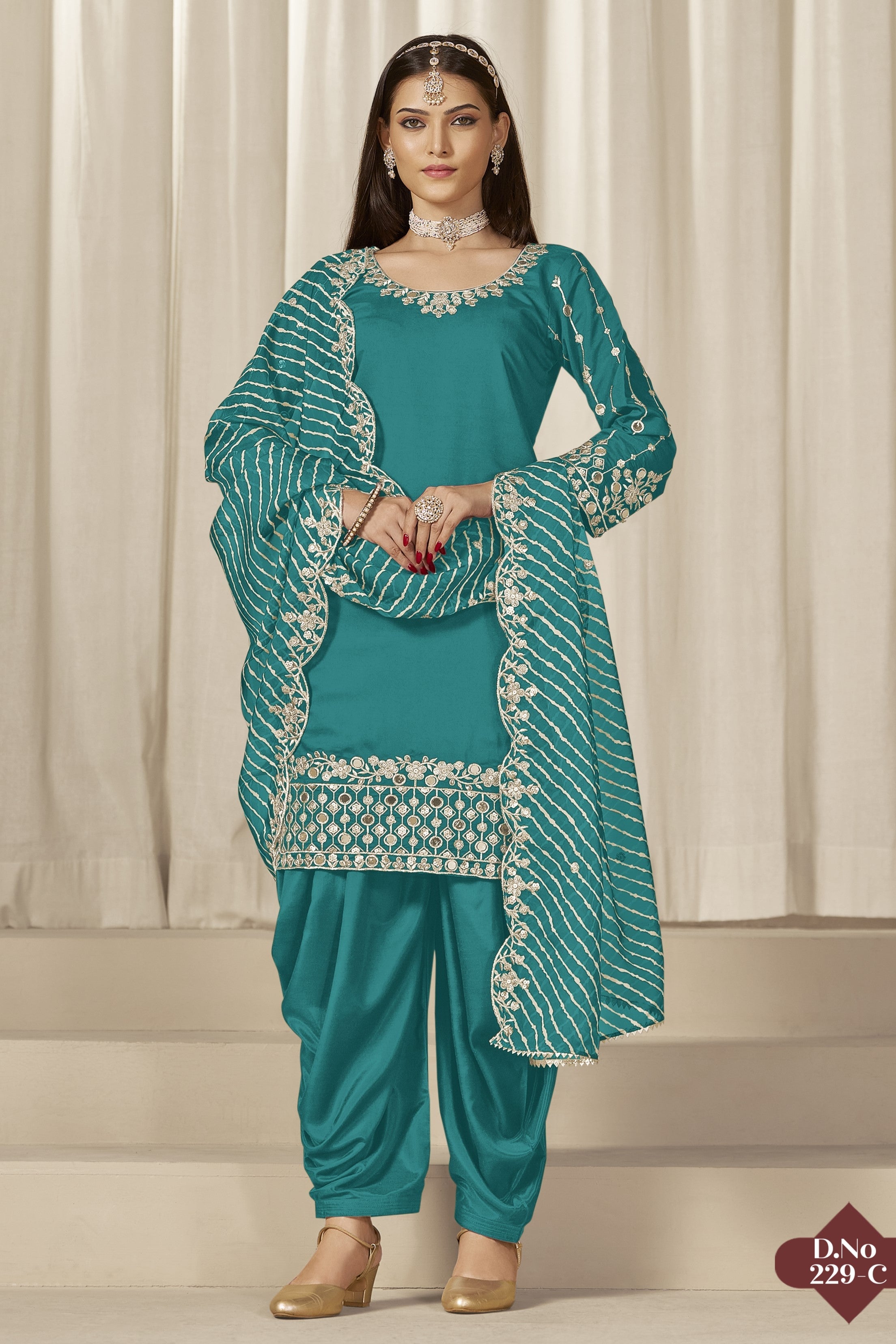 Teal Roman Silk Kameez With Patiyala Suit For Indian & Pakistani Wedding Festival - Thread & Sequence Embroidery Work, Real Mirror Work