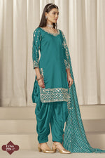 Teal Roman Silk Kameez With Patiyala Suit For Indian & Pakistani Wedding Festival - Thread & Sequence Embroidery Work, Real Mirror Work