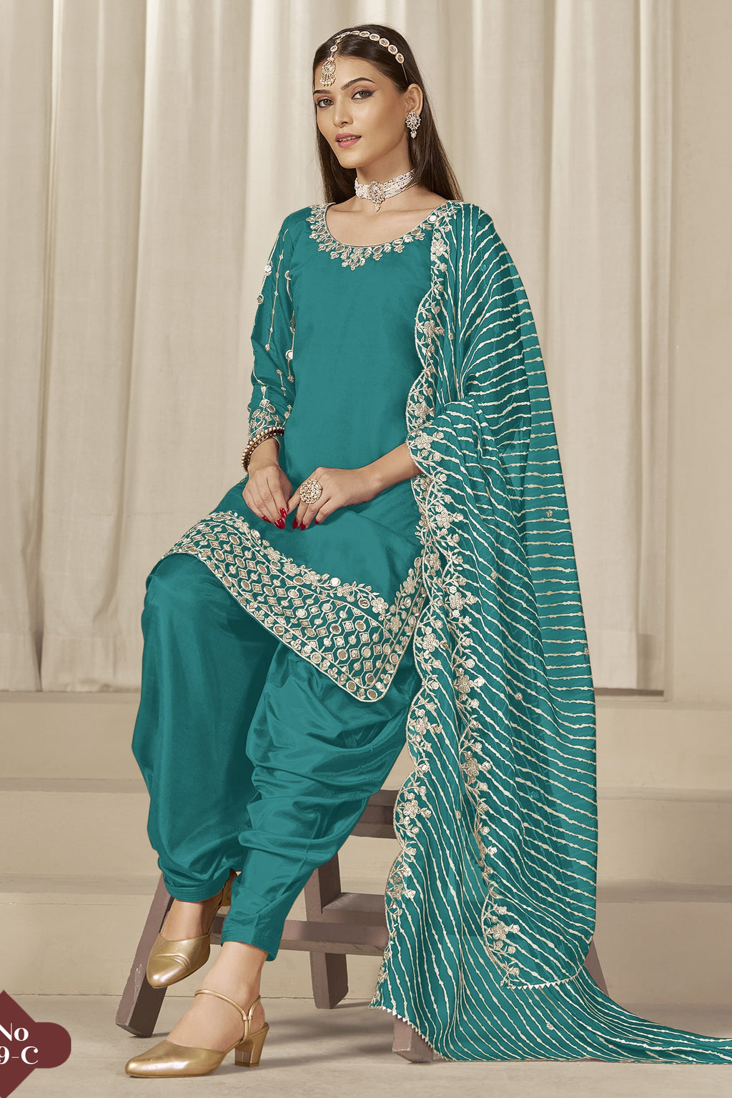 Teal Roman Silk Kameez With Patiyala Suit For Indian & Pakistani Wedding Festival - Thread & Sequence Embroidery Work, Real Mirror Work