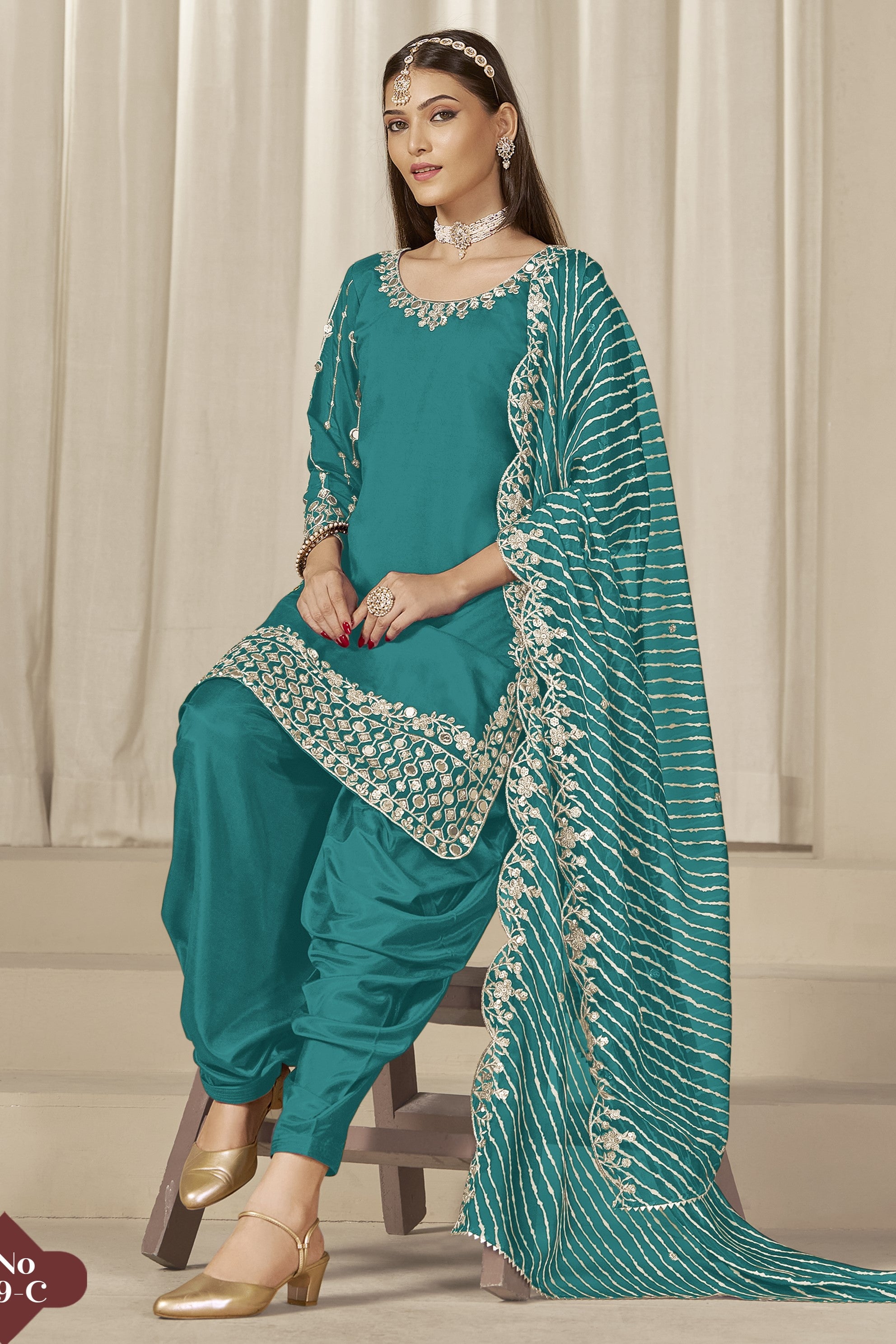 Teal Roman Silk Kameez With Patiyala Suit For Indian & Pakistani Wedding Festival - Thread & Sequence Embroidery Work, Real Mirror Work