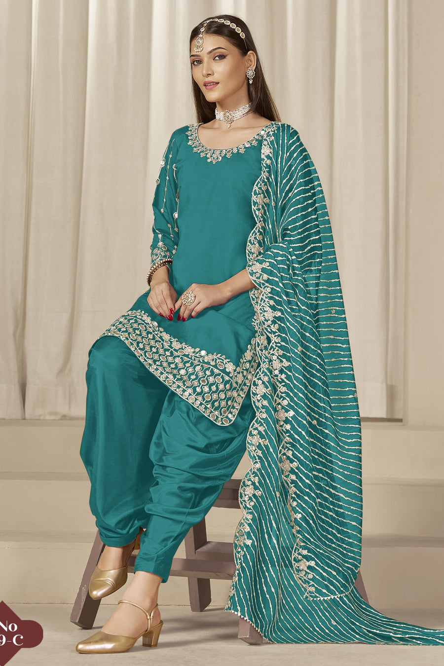 Teal Roman Silk Kameez With Patiyala Suit For Indian & Pakistani Wedding Festival - Thread & Sequence Embroidery Work, Real Mirror Work